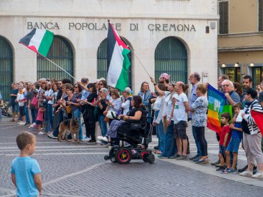 Cremona, İtalya 8 Eylül 2025 Cremona 'daki Duomo Meydanı' nda barışçıl protesto, Filistin ve barış bayraklarıyla gösteri, devam eden bölgesel gerginlikler üzerine insani kaygıların vurgulanması