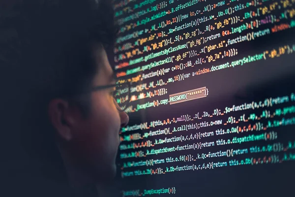Hacker using computer, smartphone and coding to steal password and private data. Screen displaying program code, website development, application building, password and private data