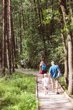 Aile ormandaki bir yol gidiyor. Anne, baba, erkek ve kız birlikte vakit, tatil doğaya yakın