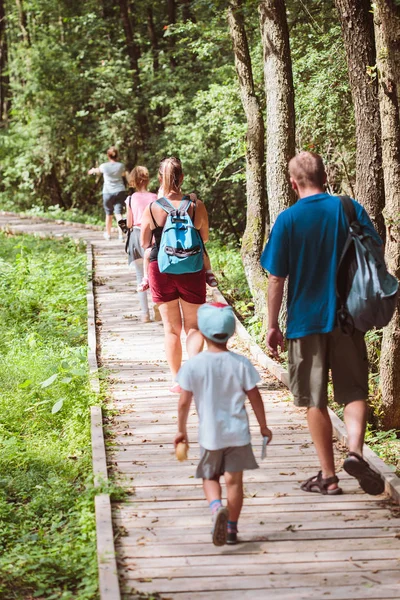 Aile Ormandaki Bir Yol Gidiyor Anne Baba Erkek Kız Birlikte — Stok fotoğraf