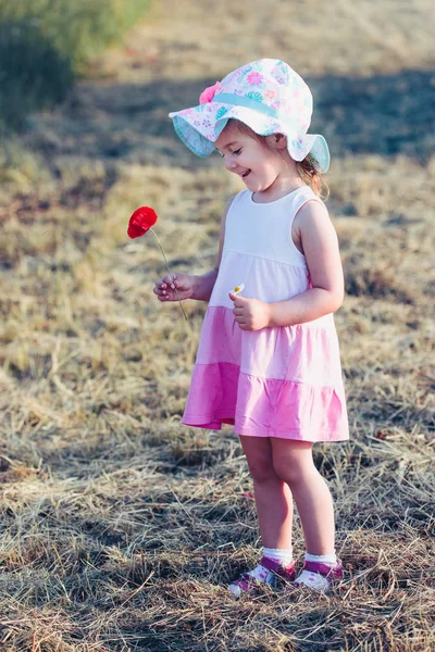 Belle petite fille dans le domaine des fleurs sauvages — Photo