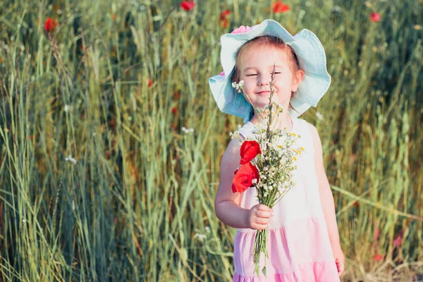 Krásná holčička v oblasti divokých květin — Stock fotografie