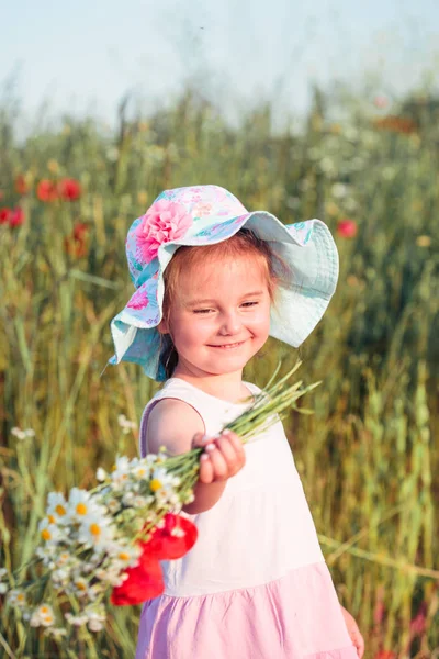 Krásná holčička v oblasti divokých květin — Stock fotografie