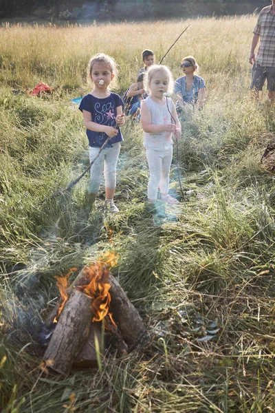 Niños comiendo malvaviscos después de asarlos sobre un campamento —  Fotos de Stock