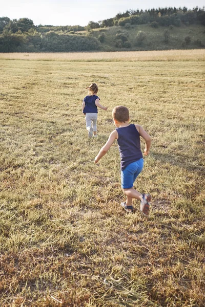 Enfants courant à travers un champ — Photo