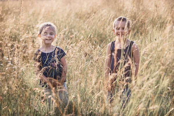Malé šťastné usmívající se děti, které hrají ve vysoké trávě — Stock fotografie