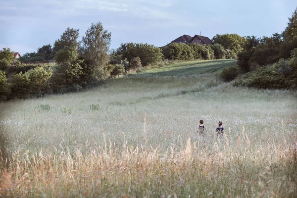 Petits enfants heureux jouant dans une grande herbe — Photo