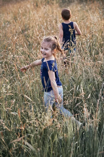 Malé šťastné usmívající se děti, které hrají ve vysoké trávě — Stock fotografie