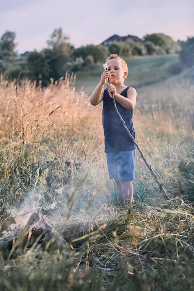 Petit garçon rôtissant de la guimauve sur un feu de camp — Photo