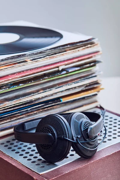 Stack of black vinyl records