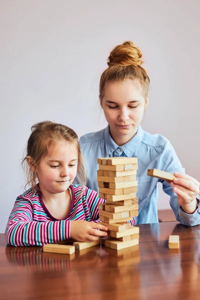Little Girl Preschooler Her Elder Sister Playing Together Wooden Blocks — Stock Photo, Image