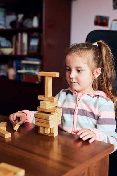 Little Girl Preschooler Playing Wooden Blocks Toy Building Tower Concept — Stock Photo, Image