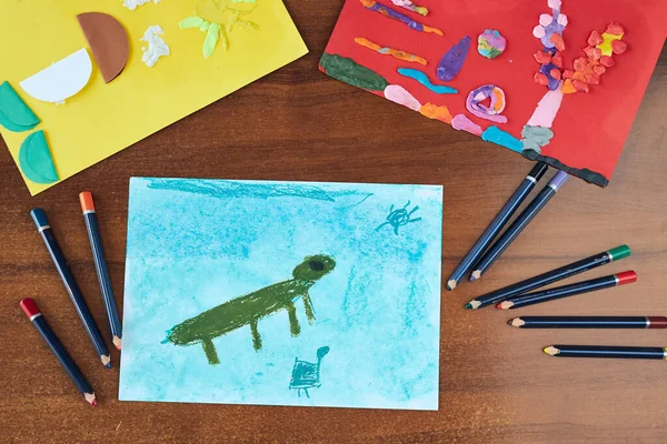 Foto Dell Asilo Fatte Scuola Bambini Disegni Animali Fatti Con — Foto Stock