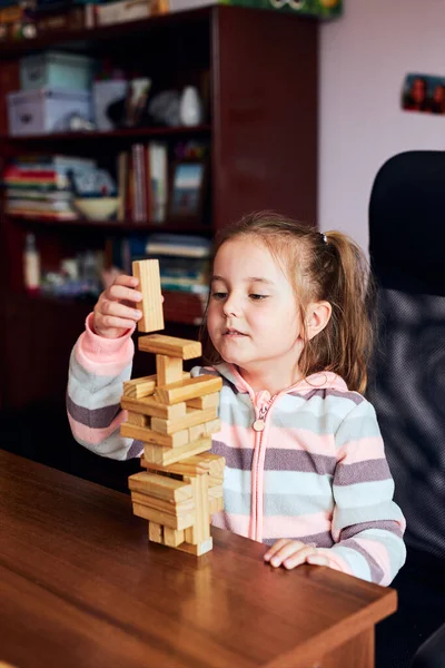 Little Girl Preschooler Playing Wooden Blocks Toy Building Tower Concept — Stock Photo, Image