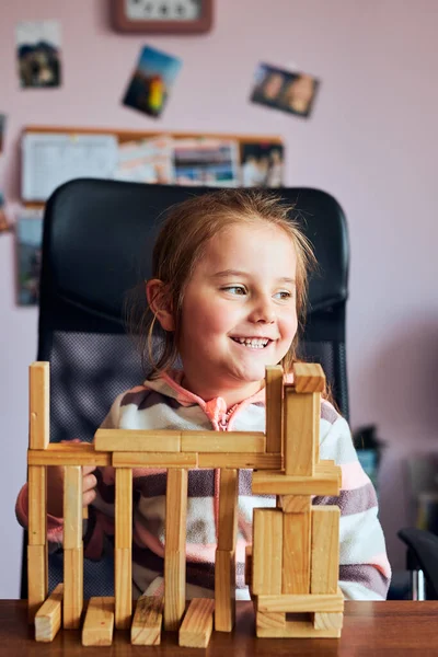 Little Girl Preschooler Playing Wooden Blocks Toy Building Tower Concept — Stock Photo, Image