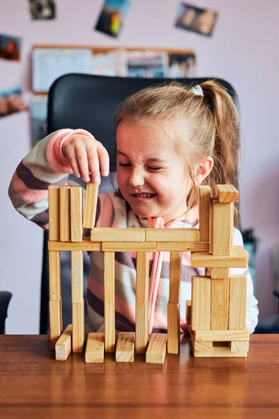 Little Girl Preschooler Playing Wooden Blocks Toy Building Tower Concept — Stock Photo, Image