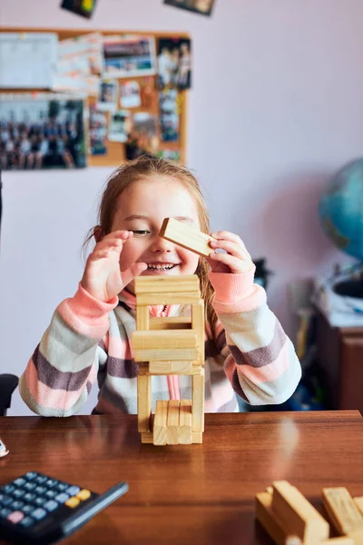 Little Girl Preschooler Playing Wooden Blocks Toy Building Tower Concept — Stock Photo, Image