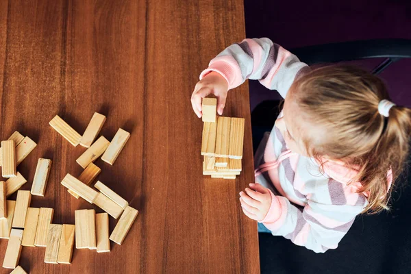 Little Girl Preschooler Playing Wooden Blocks Toy Building Tower Concept — Stock Photo, Image