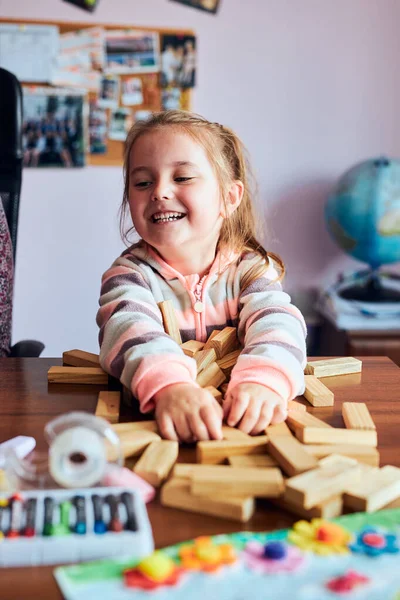 Little Girl Preschooler Playing Wooden Blocks Toy Building Tower Concept — Stock Photo, Image