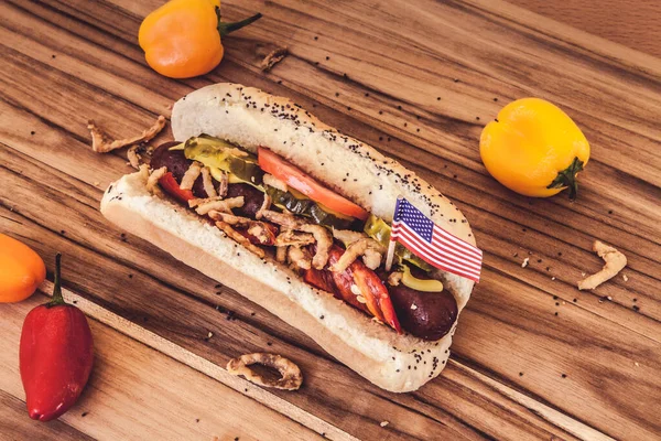 American Hot Dogs Wooden Board — Stock Photo, Image