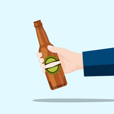Sağ elinde bir bira şişesi ve mavi arka plan. Vektör çizim