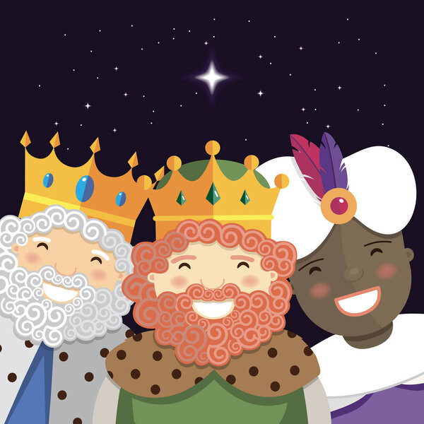 Happy three kings smiling in the night. Vector illustration