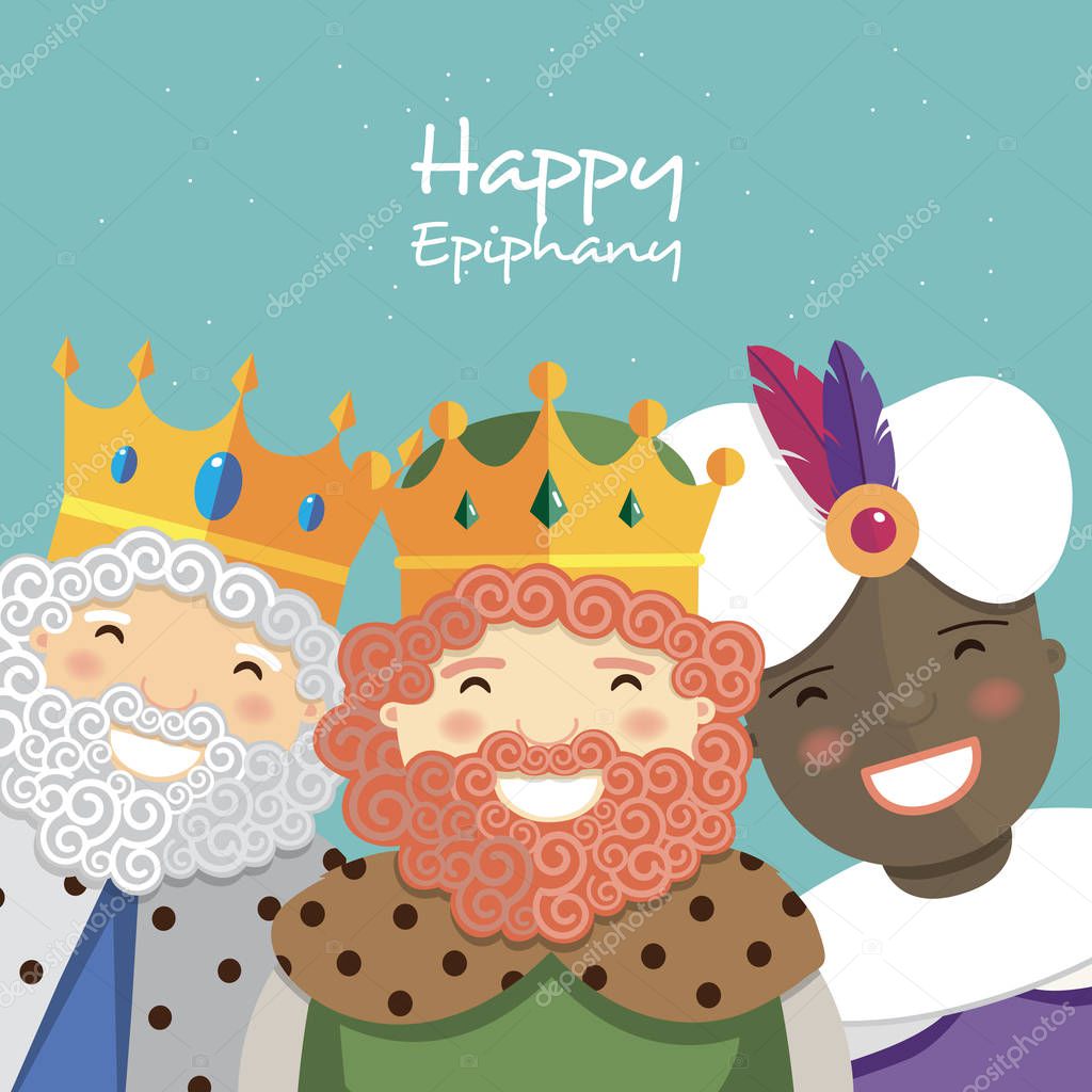 Happy three kings smiling on a green background. Vector illustration