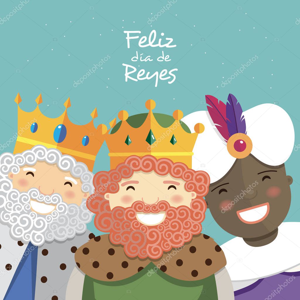 Happy three kings smiling and spanish text on a green background. Vector illustration