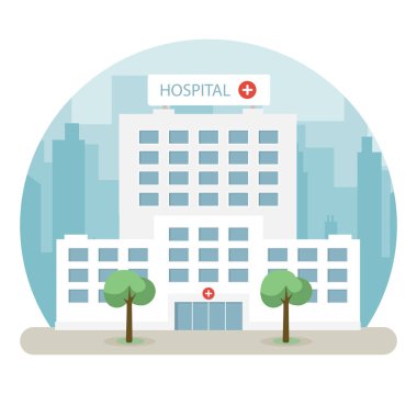 Büyük bir şehirdeki hastane binası. Düz dizayn. Vektör illüstrasyonu