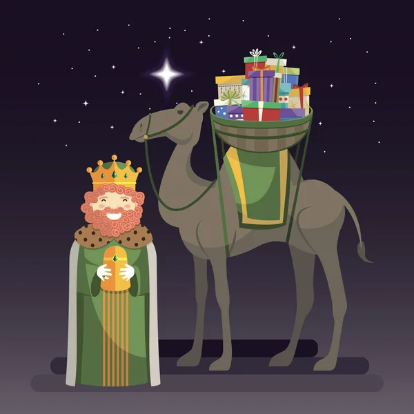 三个国王白天与国王卡斯帕 骆驼和礼物在晚上 向量例证 — 图库矢量图片