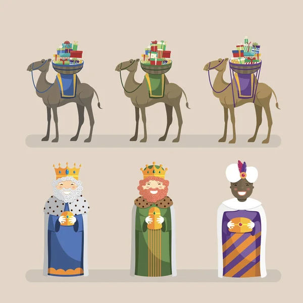 Drie Koningen Met Kamelen Geschenken Set Vectorillustratie — Stockvector