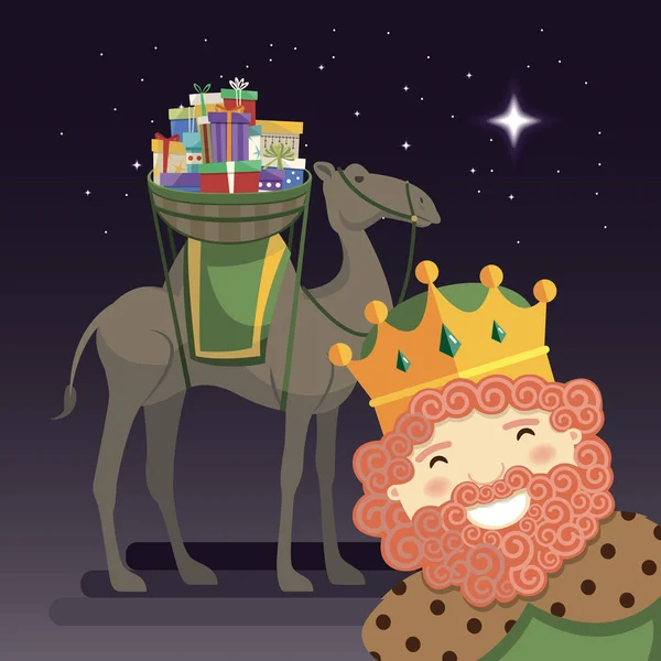 Três Reis Selfie Com Rei Caspar Camelo Presentes Noite Ilustração —  Vetores de Stock