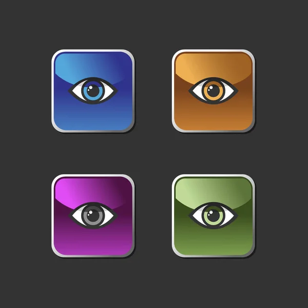 Ícone Olho Definido Colorido Botões Quadrados Ilustração Vetorial — Vetor de Stock