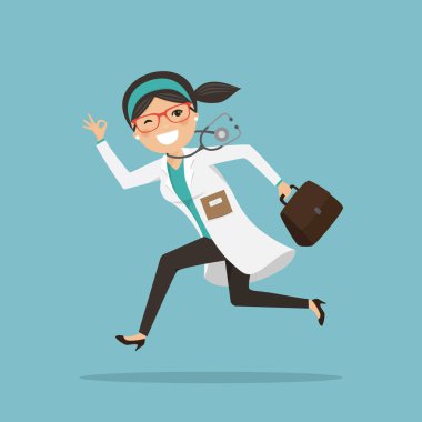 Steteskopa yardım etmek için koşan acil servis doktoru iyi bir jest gösteriyor. Vektör illüstrasyonu