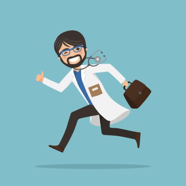 Steteskopta yardıma koşan acil servis doktoru iyi bir jest gösteriyor. Vektör illüstrasyonu