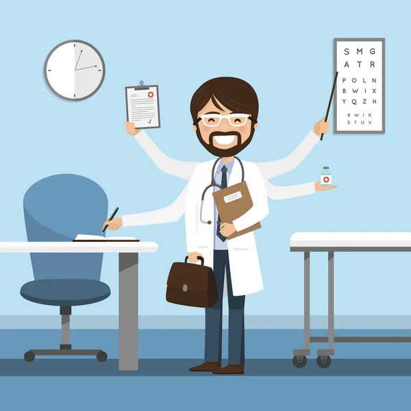 Man Dokter Multitasking Het Ziekenhuis Geïsoleerde Medische Vector Illustratie — Stockvector