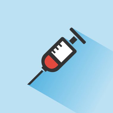 Mavi arka planda gölgesi olan bir şırınga ikonu. İlaç rengi simgesi. Vektör illüstrasyonu