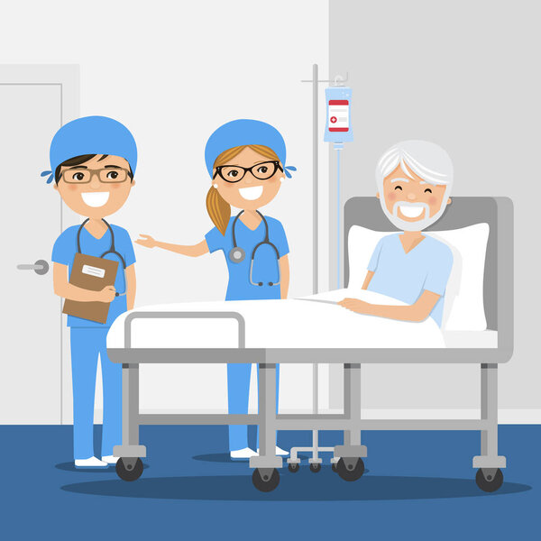 Доктор объясняет диагноз своему пациенту в больнице. Векторная иллюстрация
