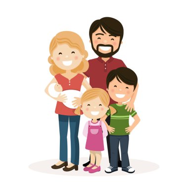Ebeveynleri, çocukları ve bebekleri olan mutlu bir aile. İzole vektör illüstrasyonu