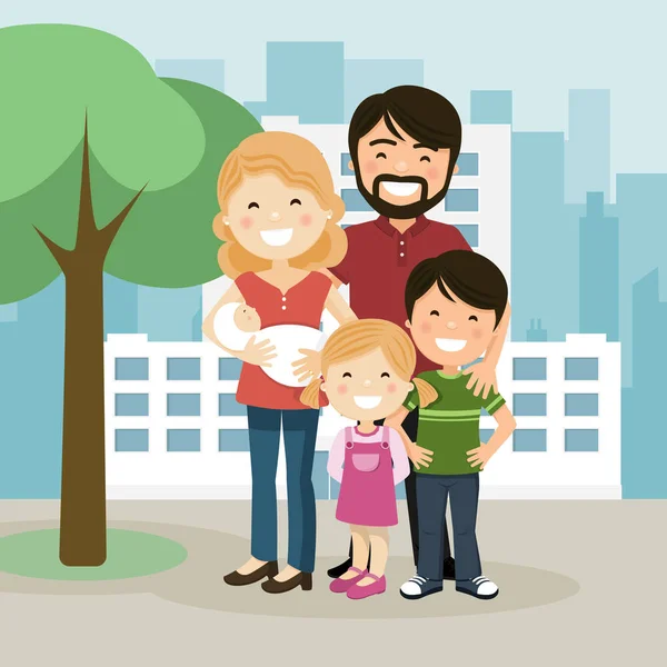 Glückliche Familie Mit Eltern Kindern Und Babys Einem Garten Geboren — Stockvektor
