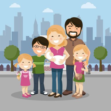 Ebeveynleri, üç çocuğu ve bir şehirde doğan mutlu bir aile. Kişi vektör illüstrasyon