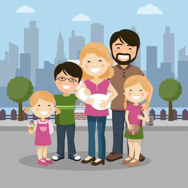 Família Feliz Com Pais Três Filhos Babyborn Uma Cidade Pessoas —  Vetores de Stock