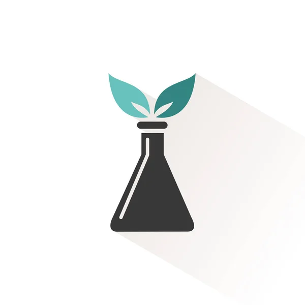 Conische Kolf Pictogram Met Twee Bladeren Erlenmeyer Laboratoriuminstrument Geïsoleerde Vector — Stockvector