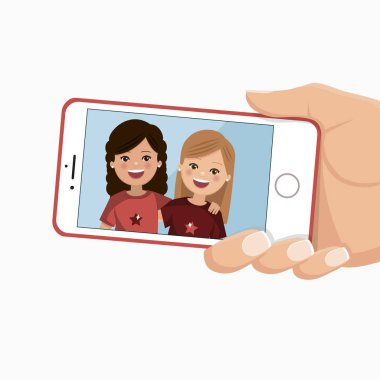 Bir akıllı telefonda mutlu arkadaşlar fotoğraf. Güzel kızlar birlikte fotoğraflanır. Yalıtılmış düz vektör çizimi