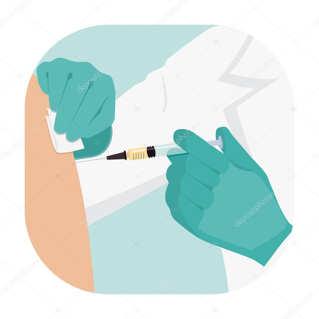 Doctor vaccinating patient using a syringe. Vector illustration. For medical publications, immunization and vaccination, infection and bacterial diseases, campaign of people against illness.