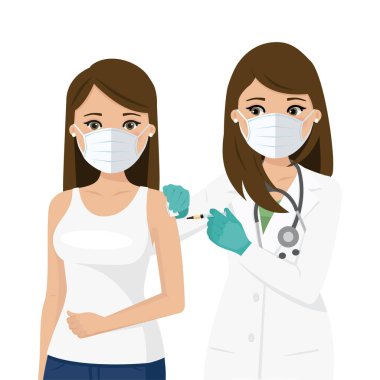 Doktor şırınga kullanarak hastayı aşılıyor. Kafkasyalılar. Vektör illüstrasyonu