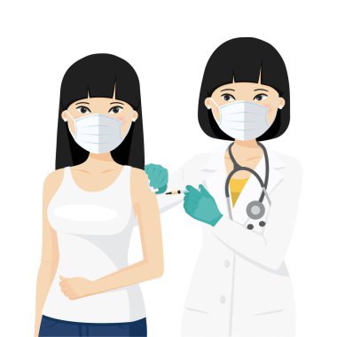 Doktor şırınga kullanarak hastayı aşılıyor. Asyalılar. Vektör illüstrasyonu