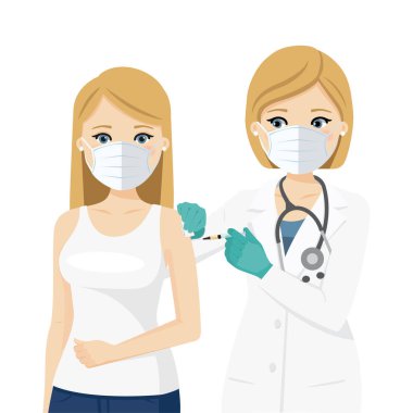 Doktor şırınga kullanarak hastayı aşılıyor. İskandinav halkı. Vektör illüstrasyonu
