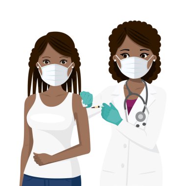 Doktor şırınga kullanarak hastayı aşılıyor. Afrikalılar. Vektör illüstrasyonu