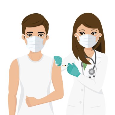 Kadın doktor şırınga kullanarak hastayı aşılıyor. Kafkasyalılar. Vektör illüstrasyonu